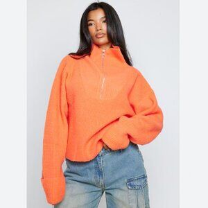 PrettyLittleThing Bright Orange Marl Chunky Knit Half Zip Sweater